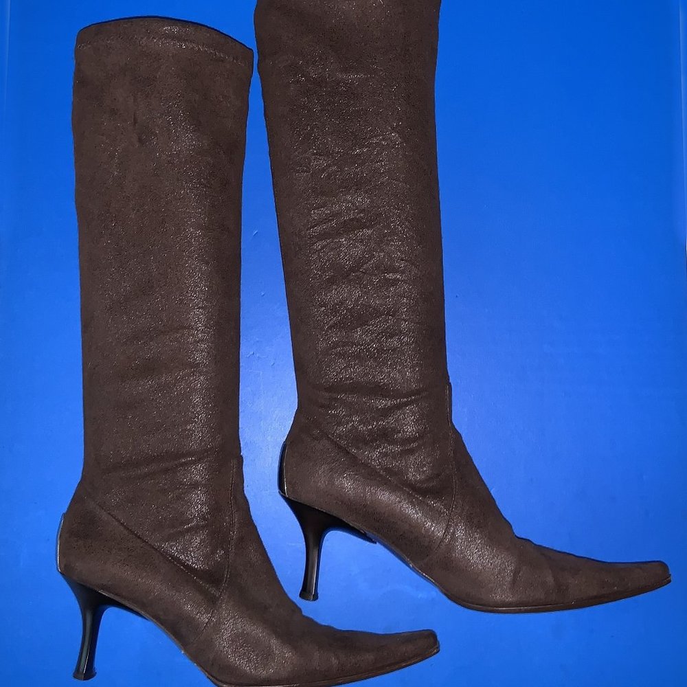 DONALD J PLINER Dark Brown Suede Stretch Pull-On High Heel Knee-High Boots Sz6M